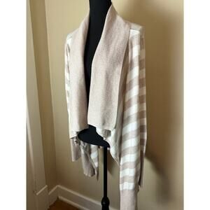 DKNY Waterfall Wrap Cardigan Sweater Tan white Stripe Neutral Large